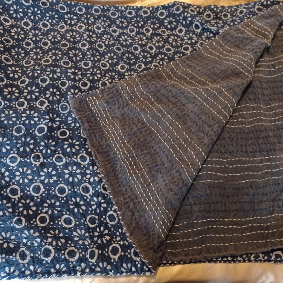 NWT Taj Hotel Blue Hand Block  Kantha Reversible Cotton Throw - Picture 1 of 6